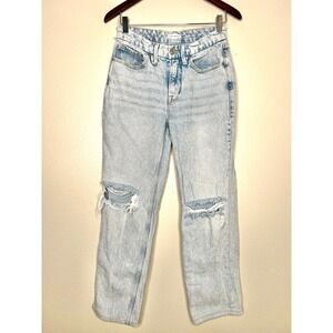 Good American Straight Leg Jeans Light Wash Distressed Ripped Size 0 25